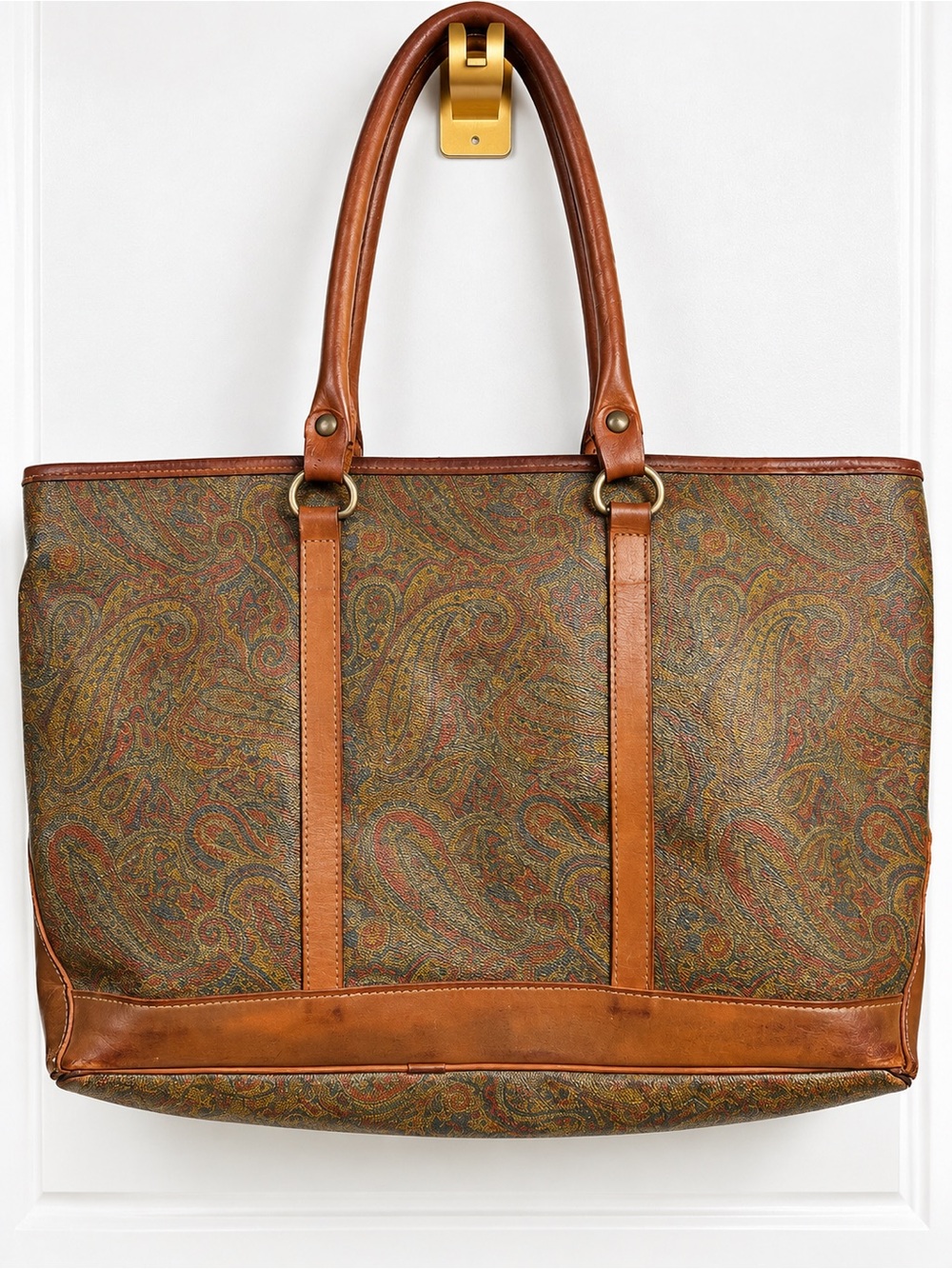 Vintage Italian Paisley Coated Canvas Leather Large Tote Bag Made in Italy